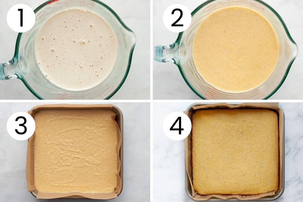 Collage of step by step process to make healthy cornbread.