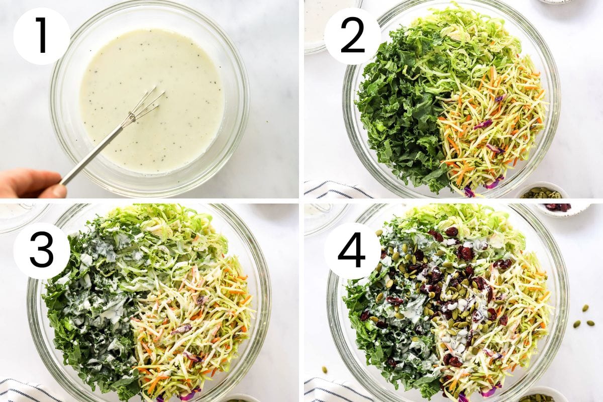 Step by step collage of how to make costco sweet kale salad from scratch.
