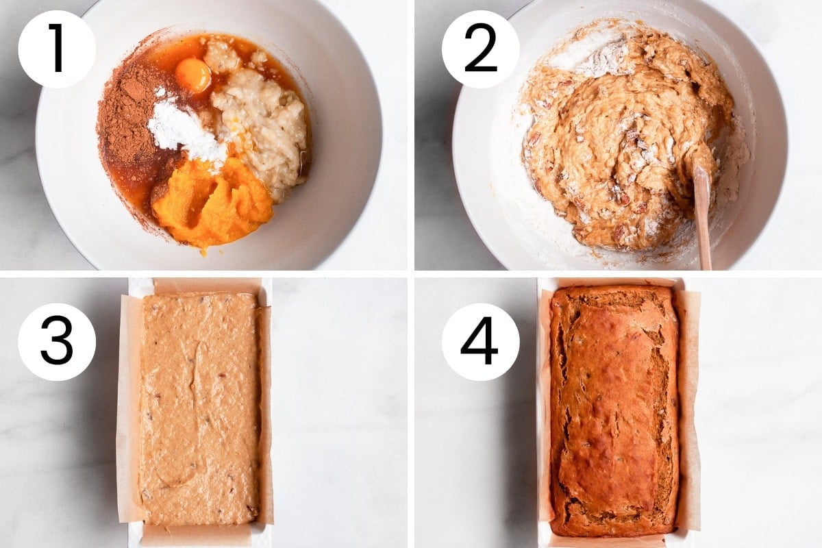 Collage of how to make pumpkin banana loaf step by step.