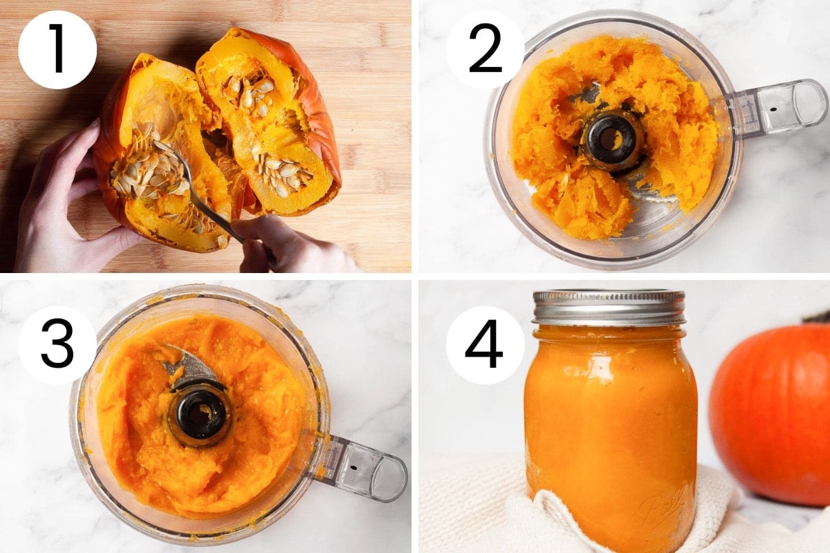 Collage of step by step process making homemade pumpkin puree from fresh pumpkin.