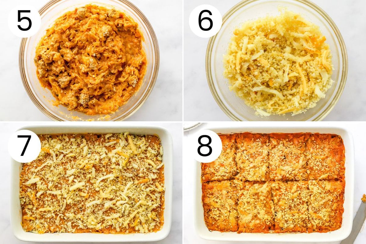 How to assemble baked spaghetti squash casserole step-by-step collage.