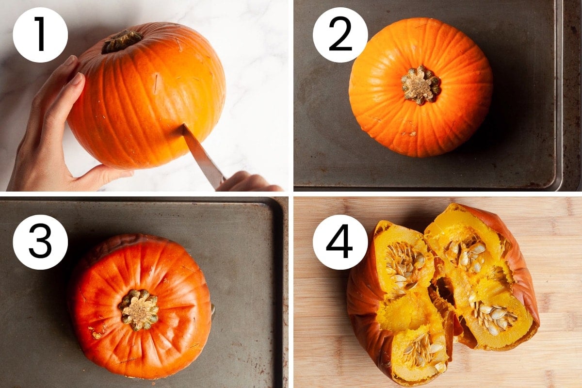 Person showing step by step how to roast whole pumpkin in the oven.