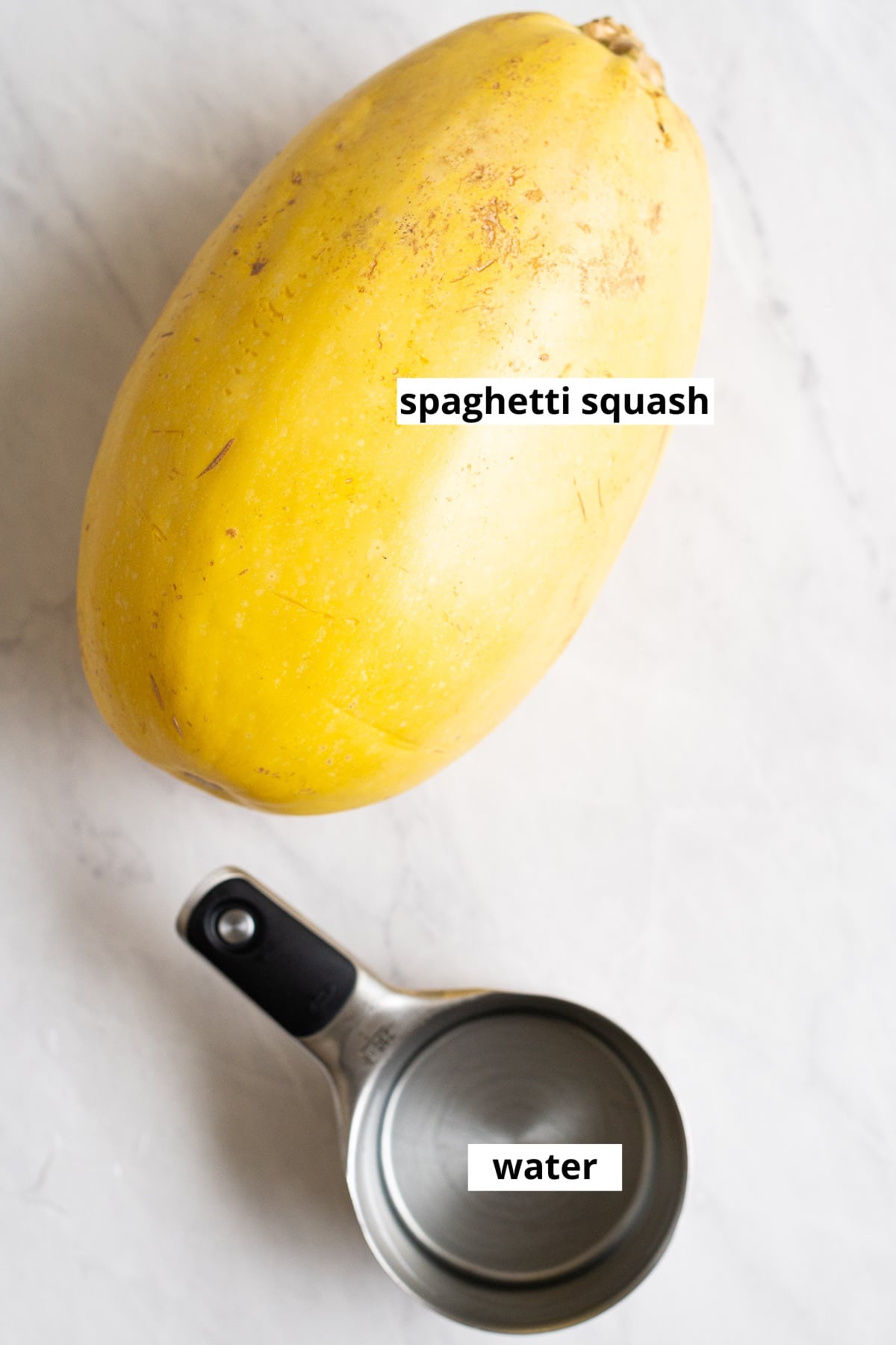 Spaghetti squash on a counter and water in a measuring cup.