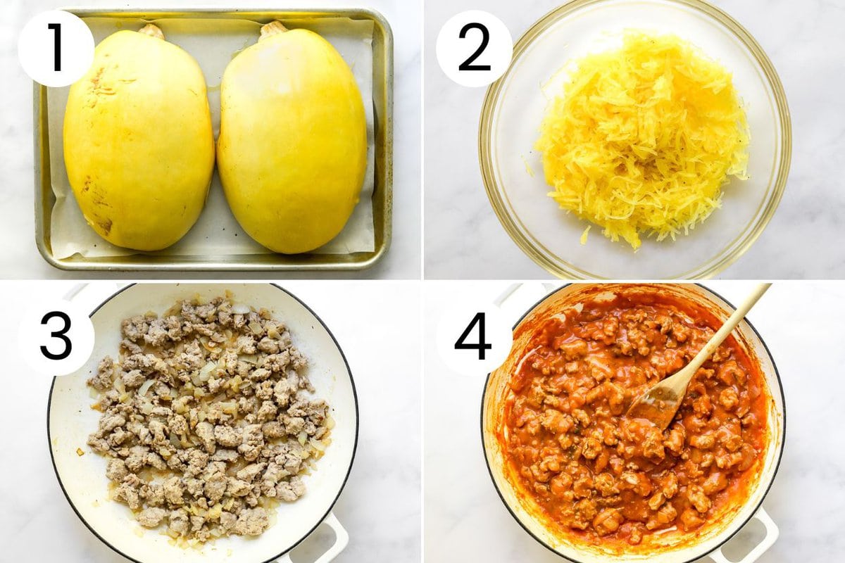 How to cook spaghetti squash and make meat sauce collage.
