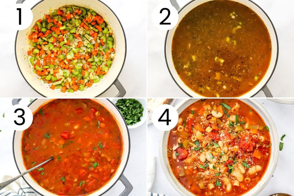 Step by step process from above of how to make vegetarian pasta fagioli soup.