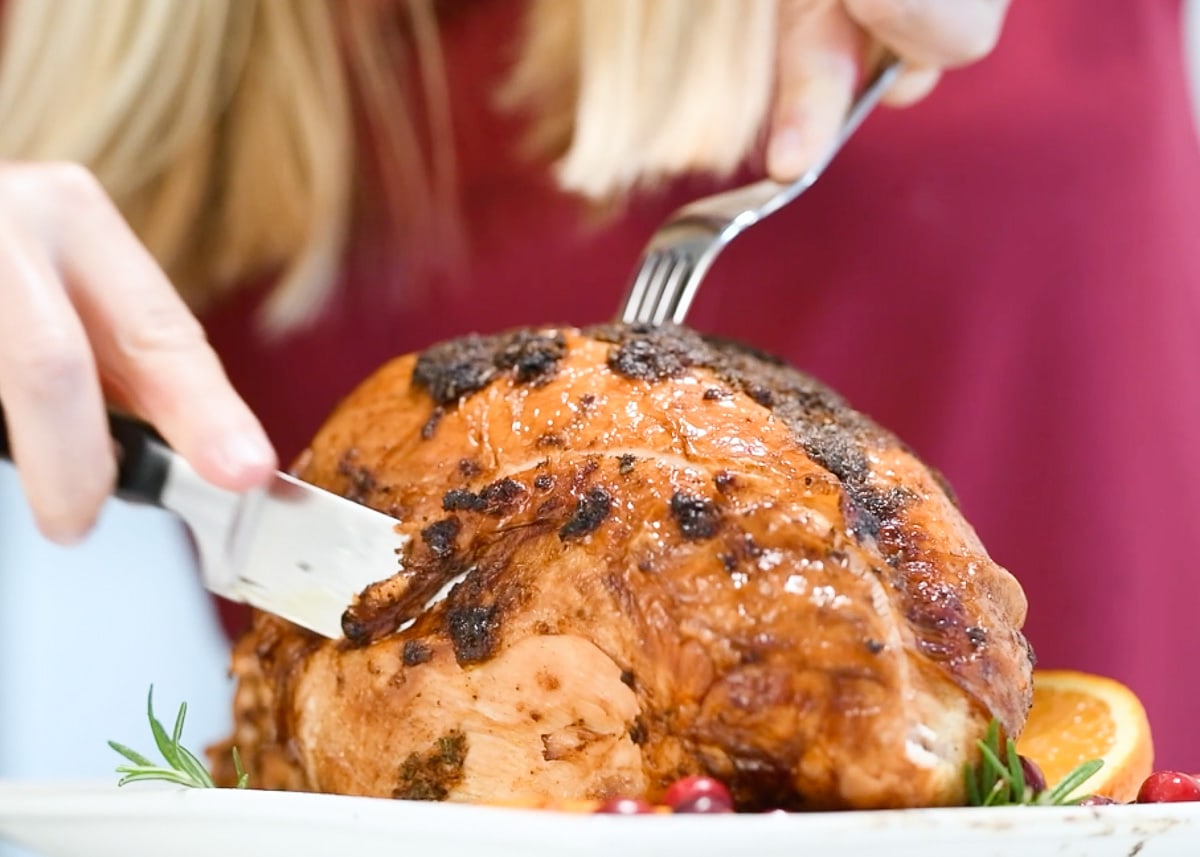 Person slicing turkey breast.