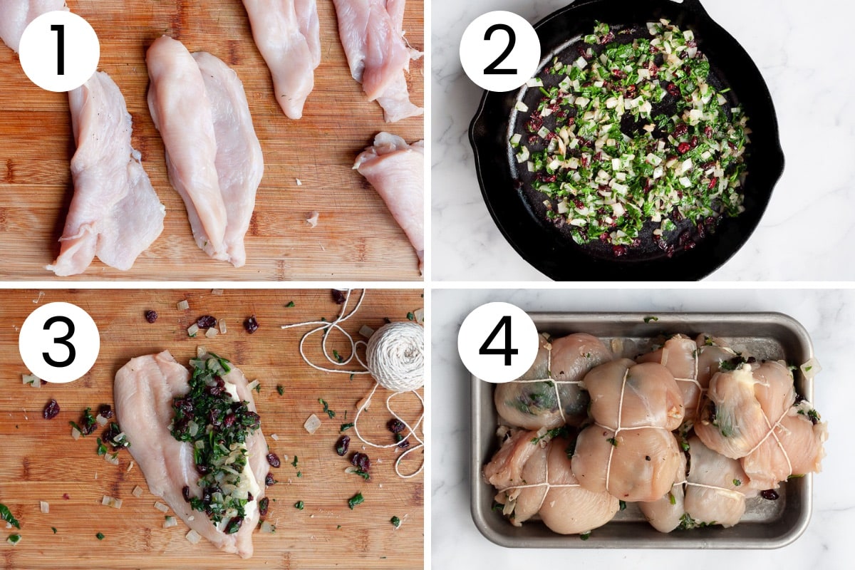 Showing step by step process how to butterfly chicken breast, make stuffing and stuff the chicken.
