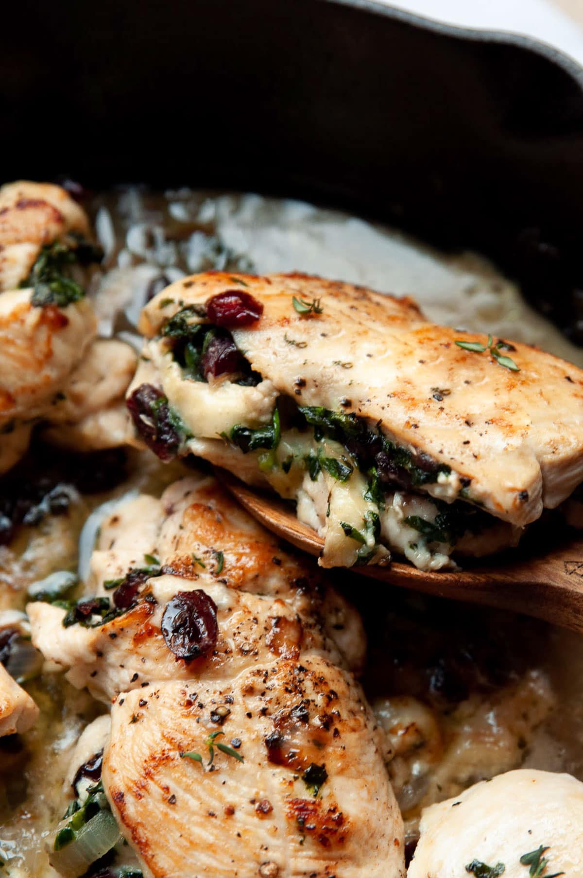 Closeup of chicken breast stuffed with spinach, cranberries and brie cheese.