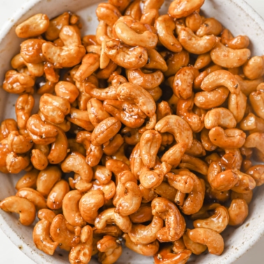 Honey roasted cashews in a bowl.