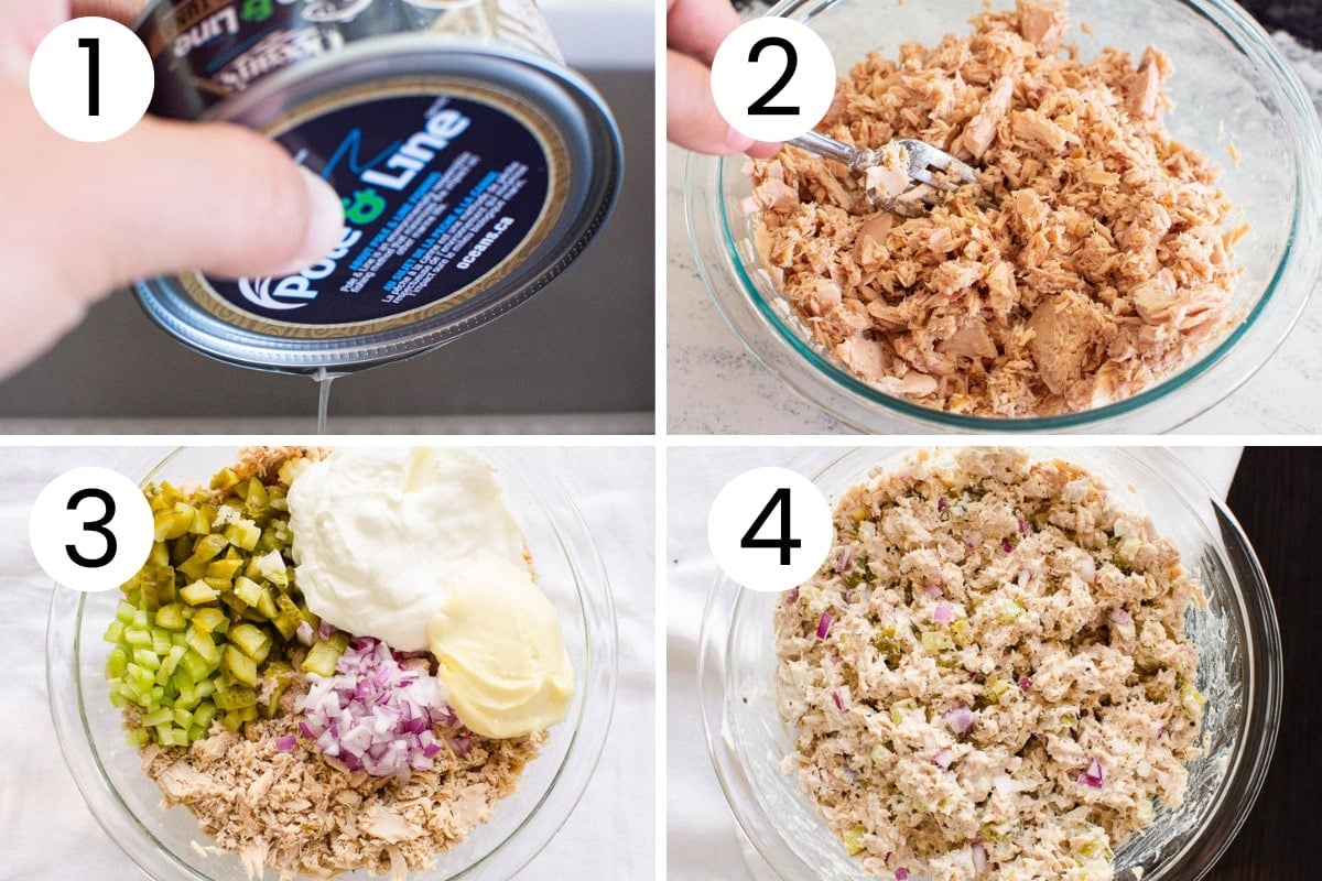 Person showing how to make tuna salad step by step.