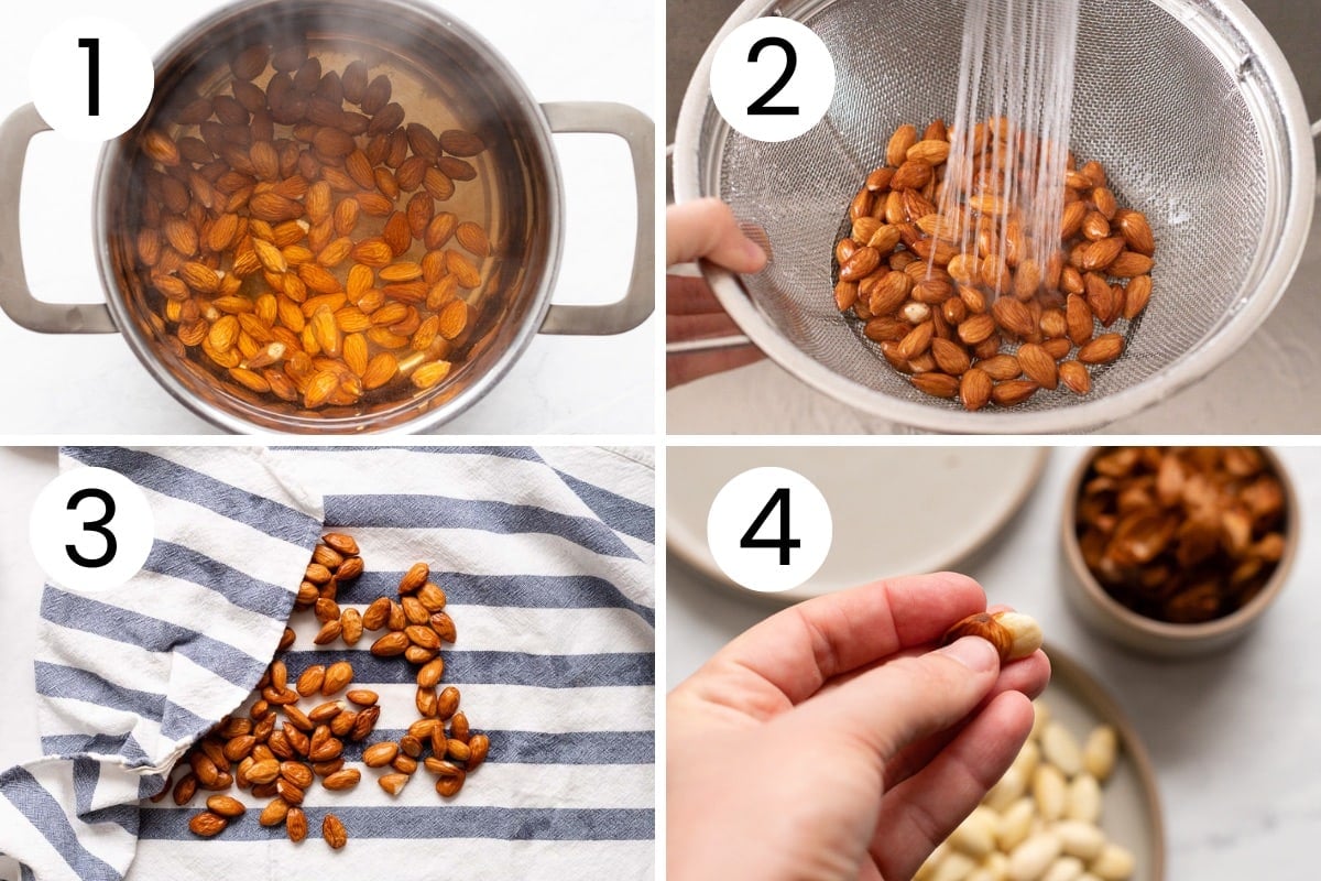 Person showing step by step process how to blanch almonds.