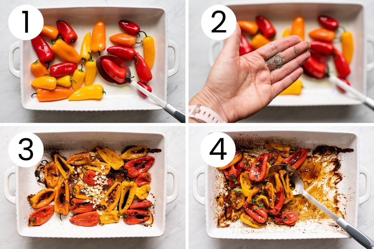 Person showing how to prep, season and roast mini peppers in a baking dish step-by-step.
