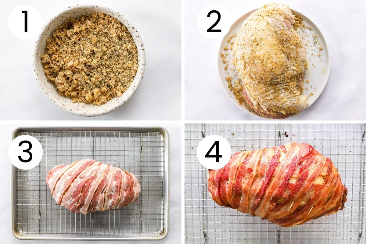 Step by step process how to cook turkey breast covered in bacon.