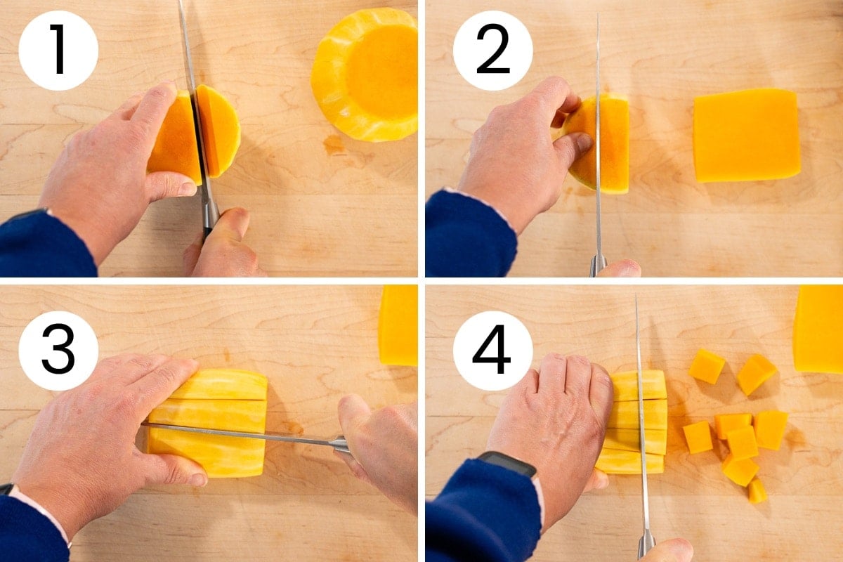 Person showing how to cut neck of butternut squash step by step.