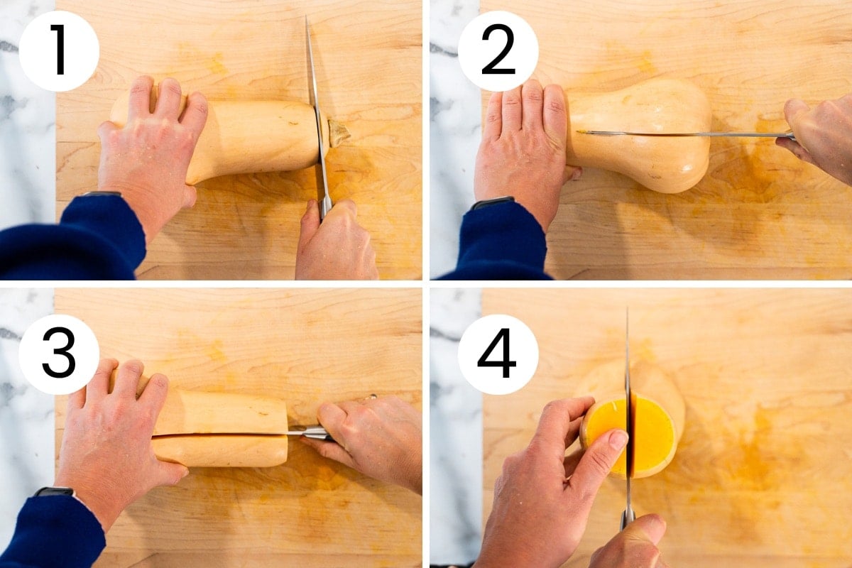 Person showing how to cut butternut squash in half.