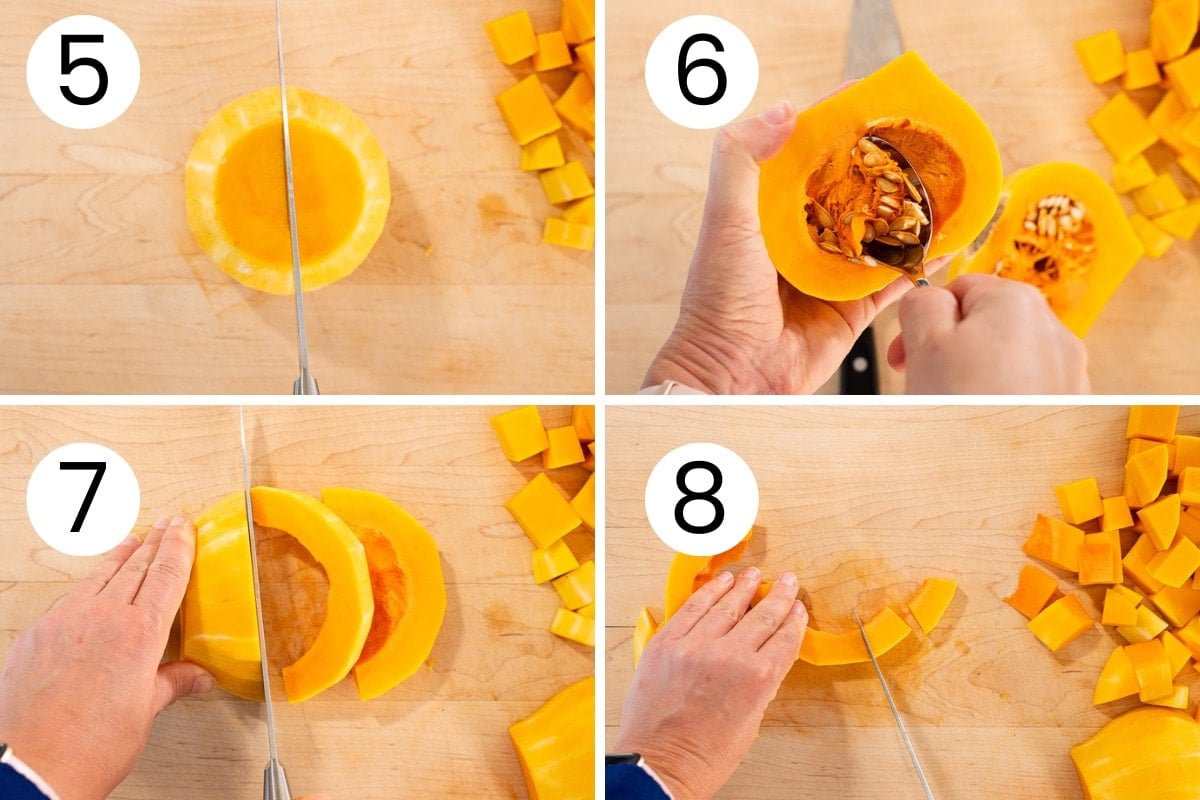 Person showing how to cut base of butternut squash step by step.
