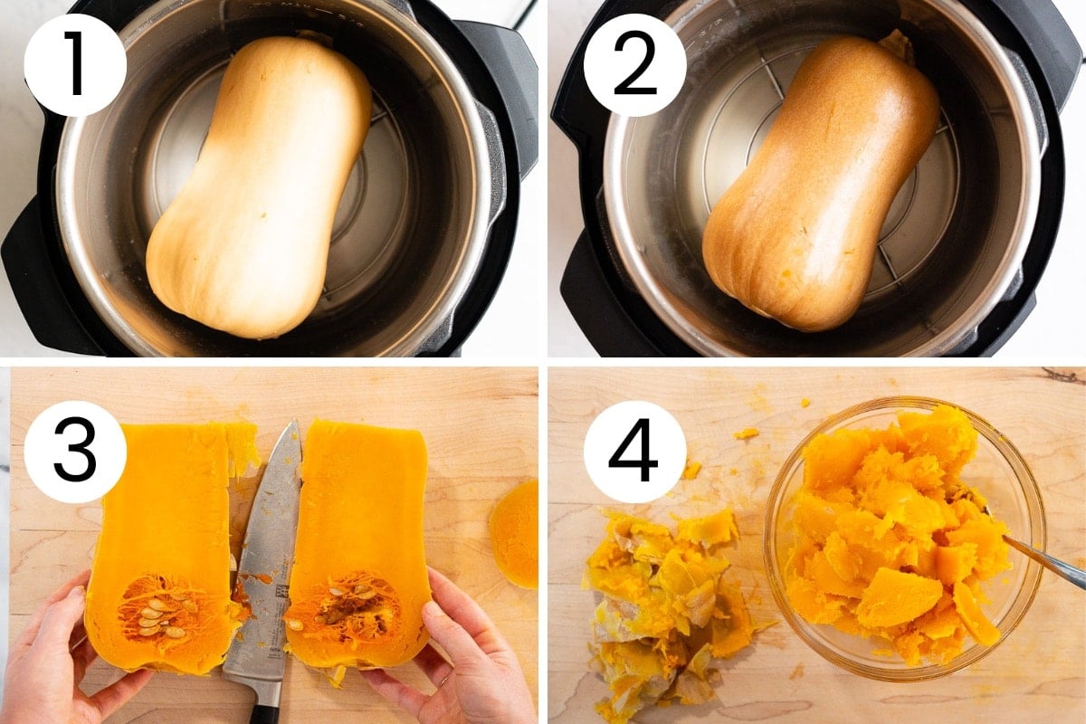 Step by step how to make whole butternut squash in Instant Pot. Butternut squash cut in half and mashed in a bowl.
