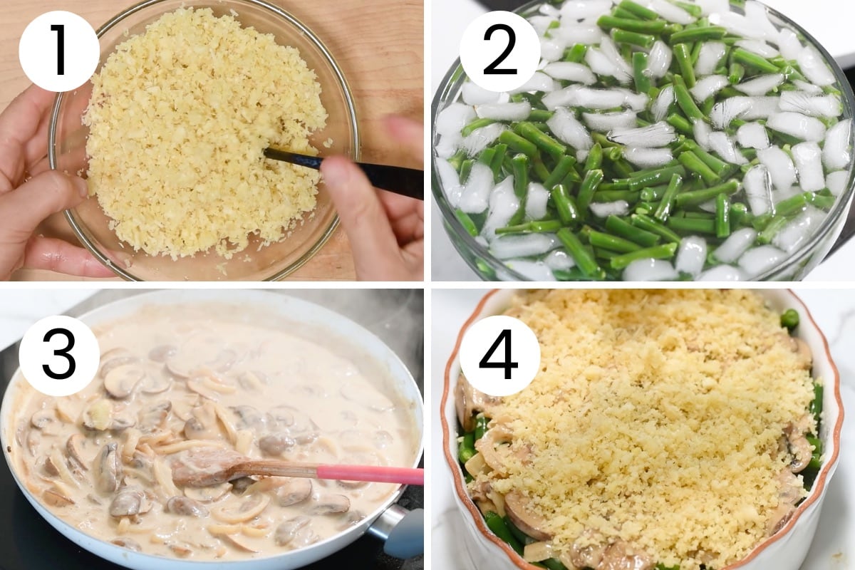 Person showing how to make fresh green bean casserole step by step.