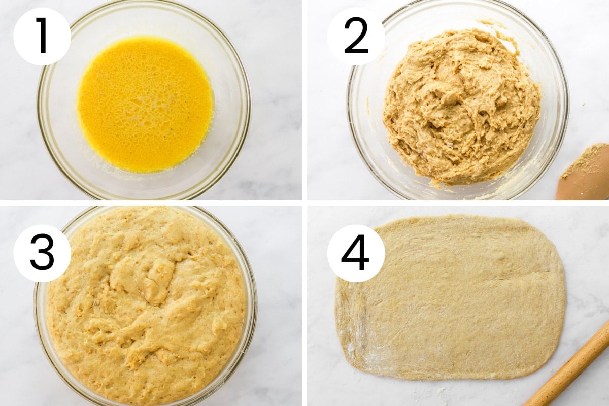 Step by step process showing how to make yeast dough for cinnamon buns.