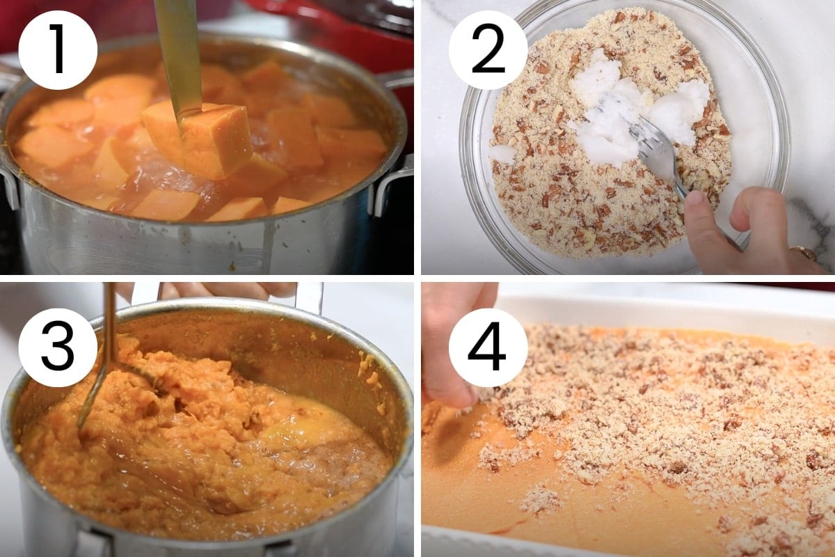 Person showing how to make lighter sweet potato casserole step by step.