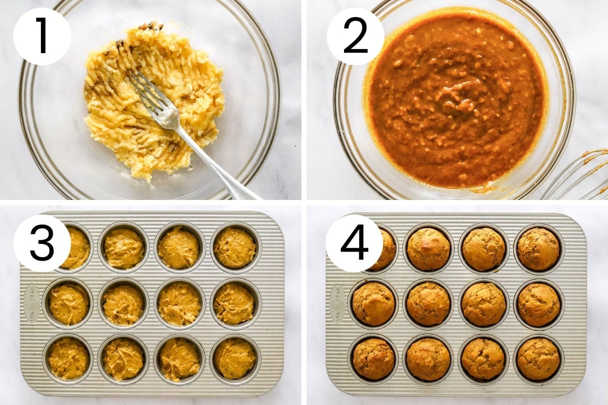 Step by step process how to make banana and pumpkin muffins.