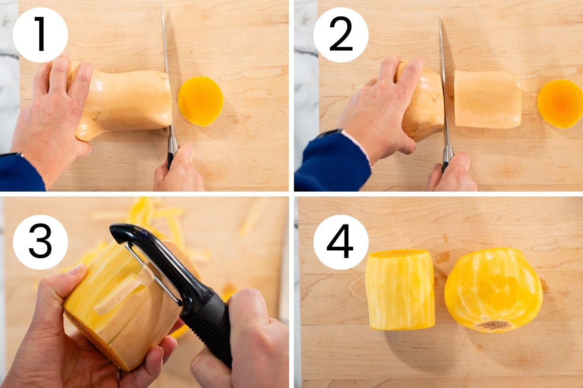 Person showing how to peel butternut squash step by step.