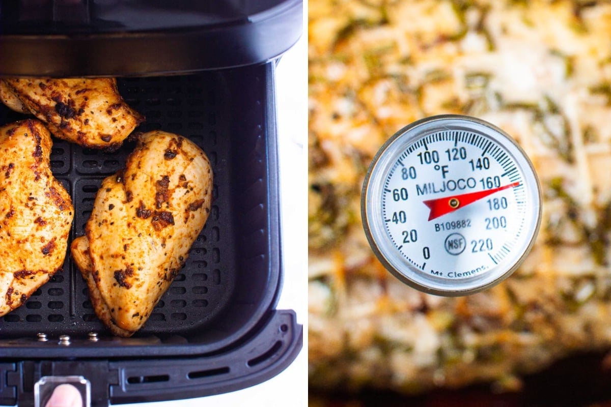 Person showing cooked chicken in air fryer and internal read thermometer reading 165 degrees F.