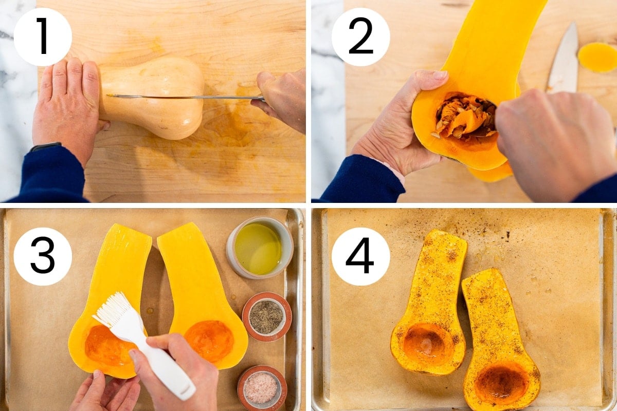 Person showing how to cut and bake butternut squash halves.