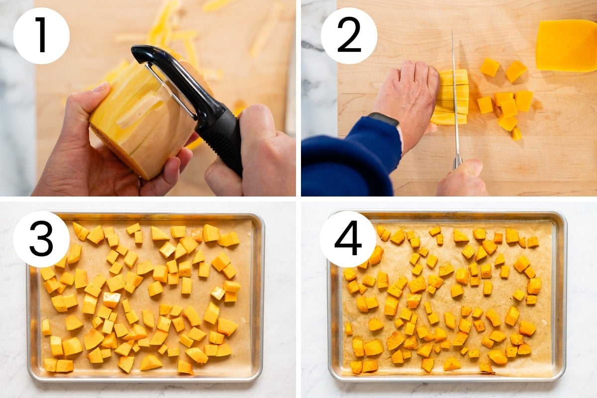 Person showing how to roast butternut squash cubes step by step.