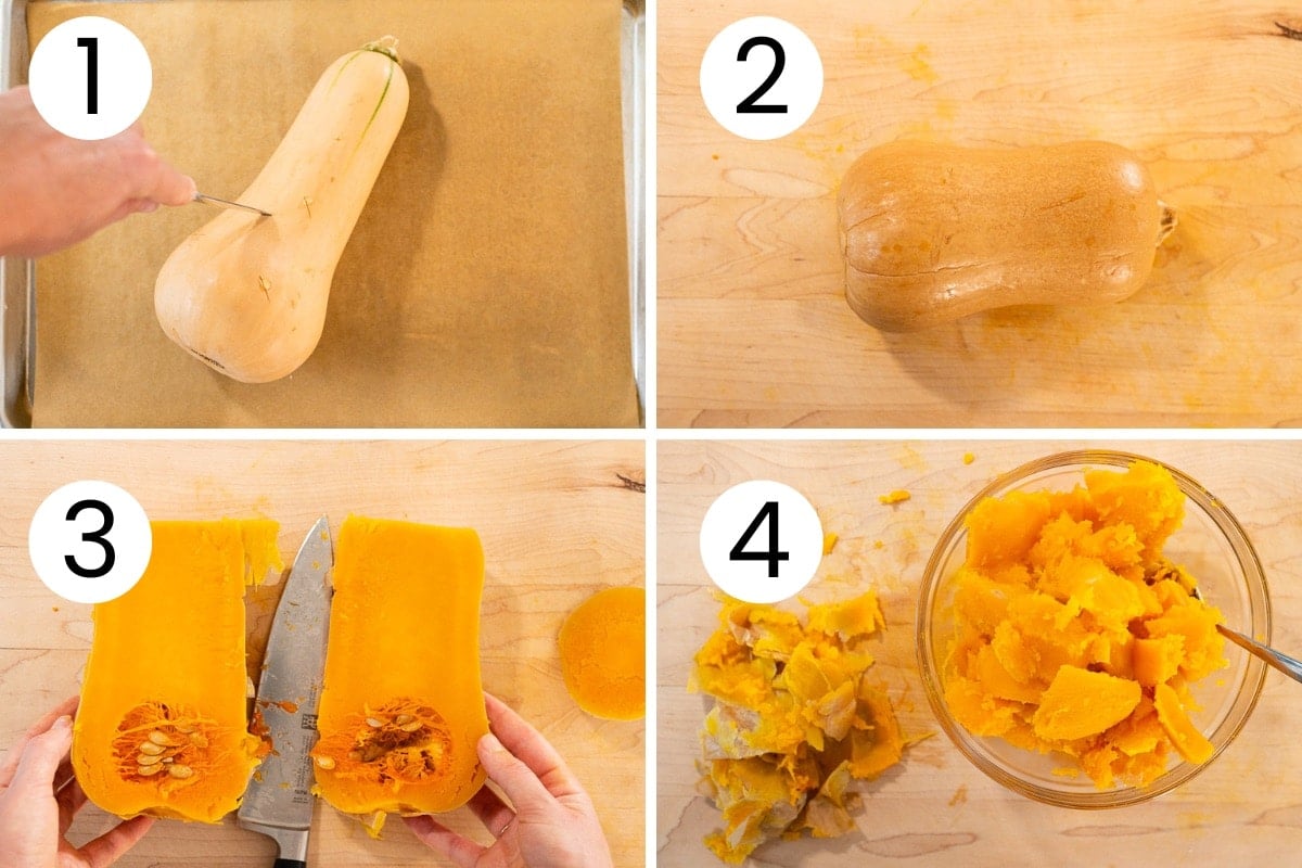 Person showing how to roast whole butternut squash in the oven.