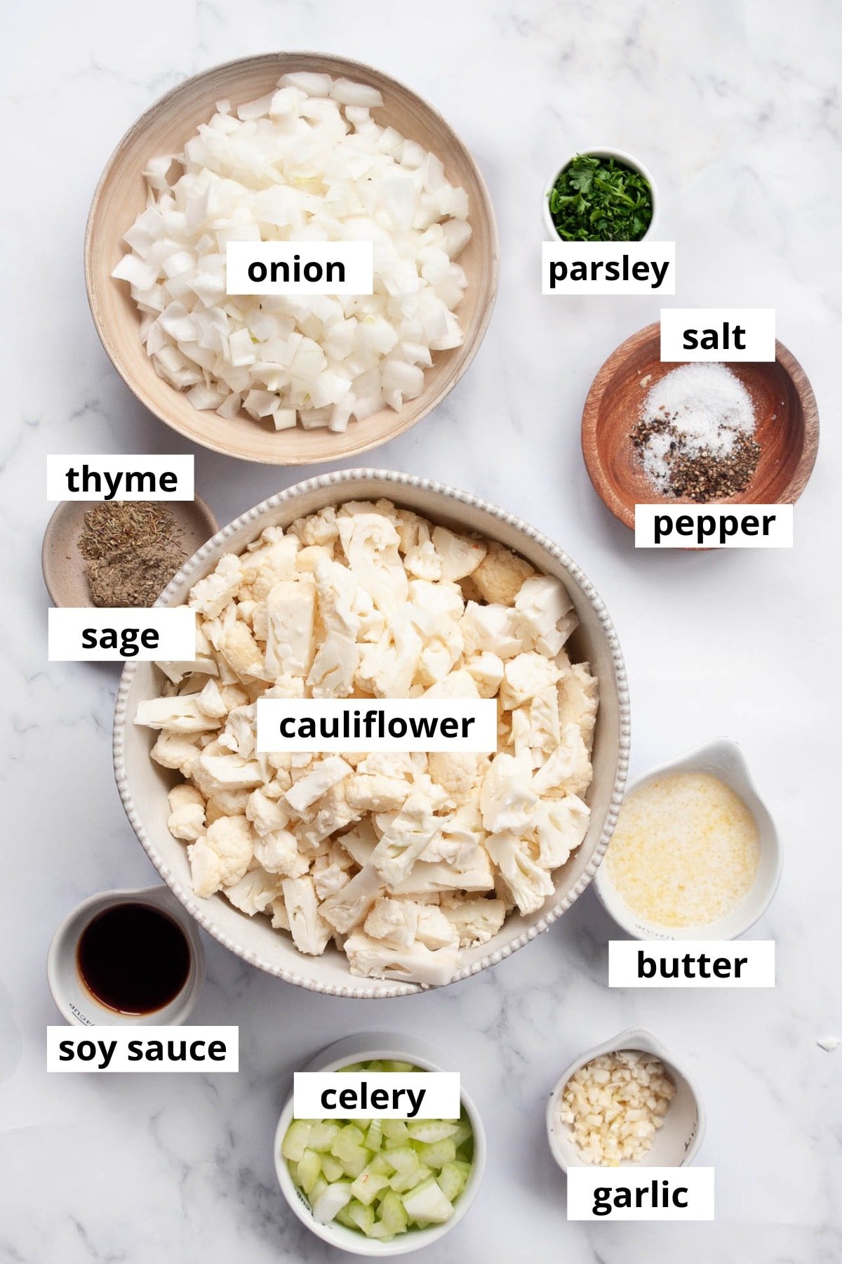 Cauliflower, onion, butter, celery, garlic, thyme, sage, salt, pepper, parsley, soy sauce.
