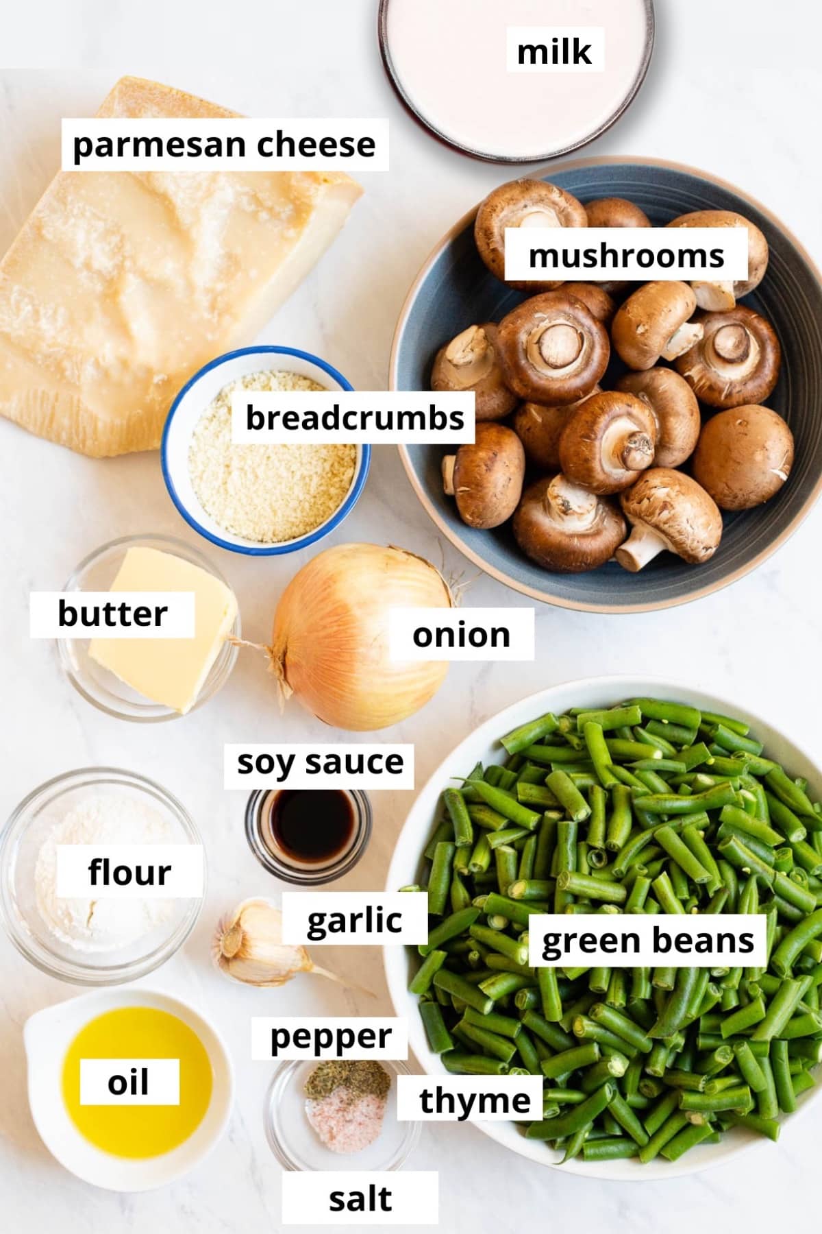 Green beans, mushrooms, onion, garlic, parmesan cheese, milk, flour, panko breadcrumbs, oil, butter, thyme, salt, pepper, soy sauce.