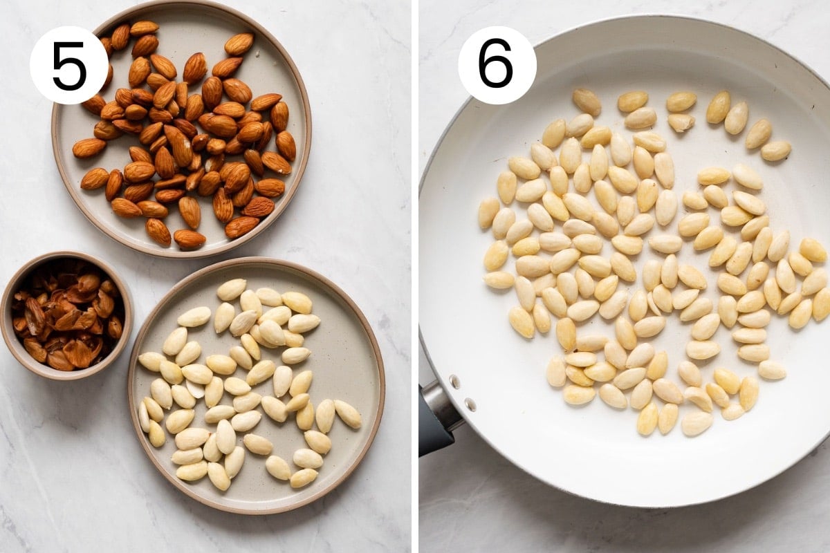 Blanched almonds in a skillet and skins removed from whole nuts.