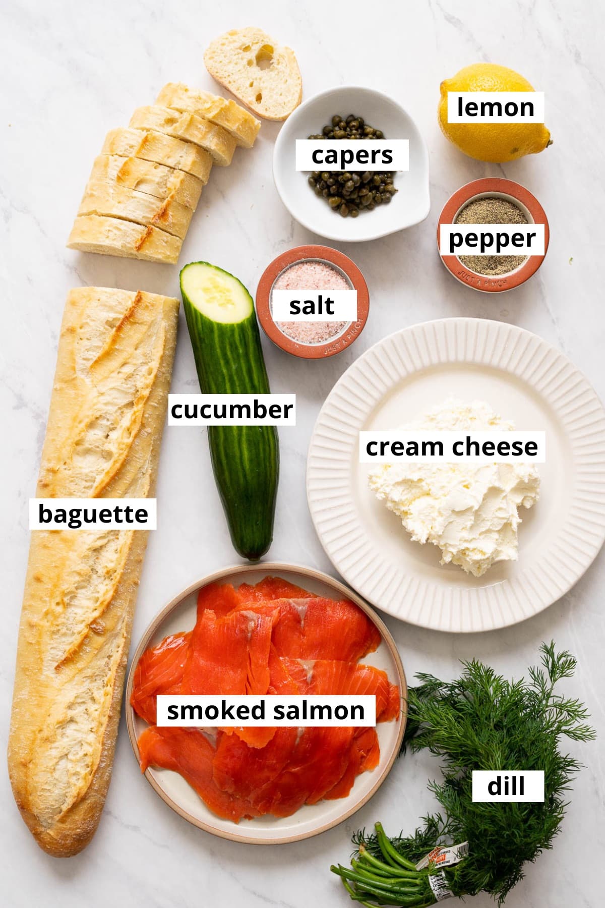 Baguette, cucumber, smoked salmon, cream cheese, salt, pepper, lemon, capers, dill.