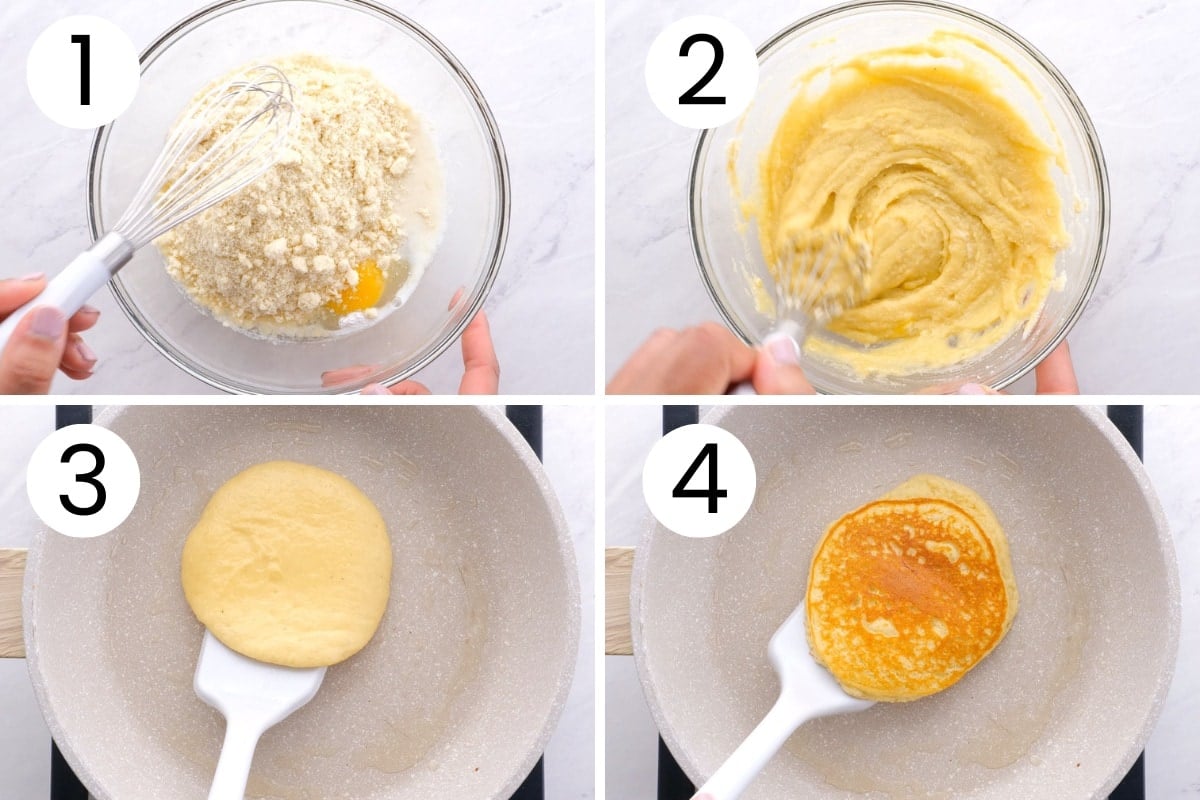 Person showing step-by-step how to make pancakes with almond flour.