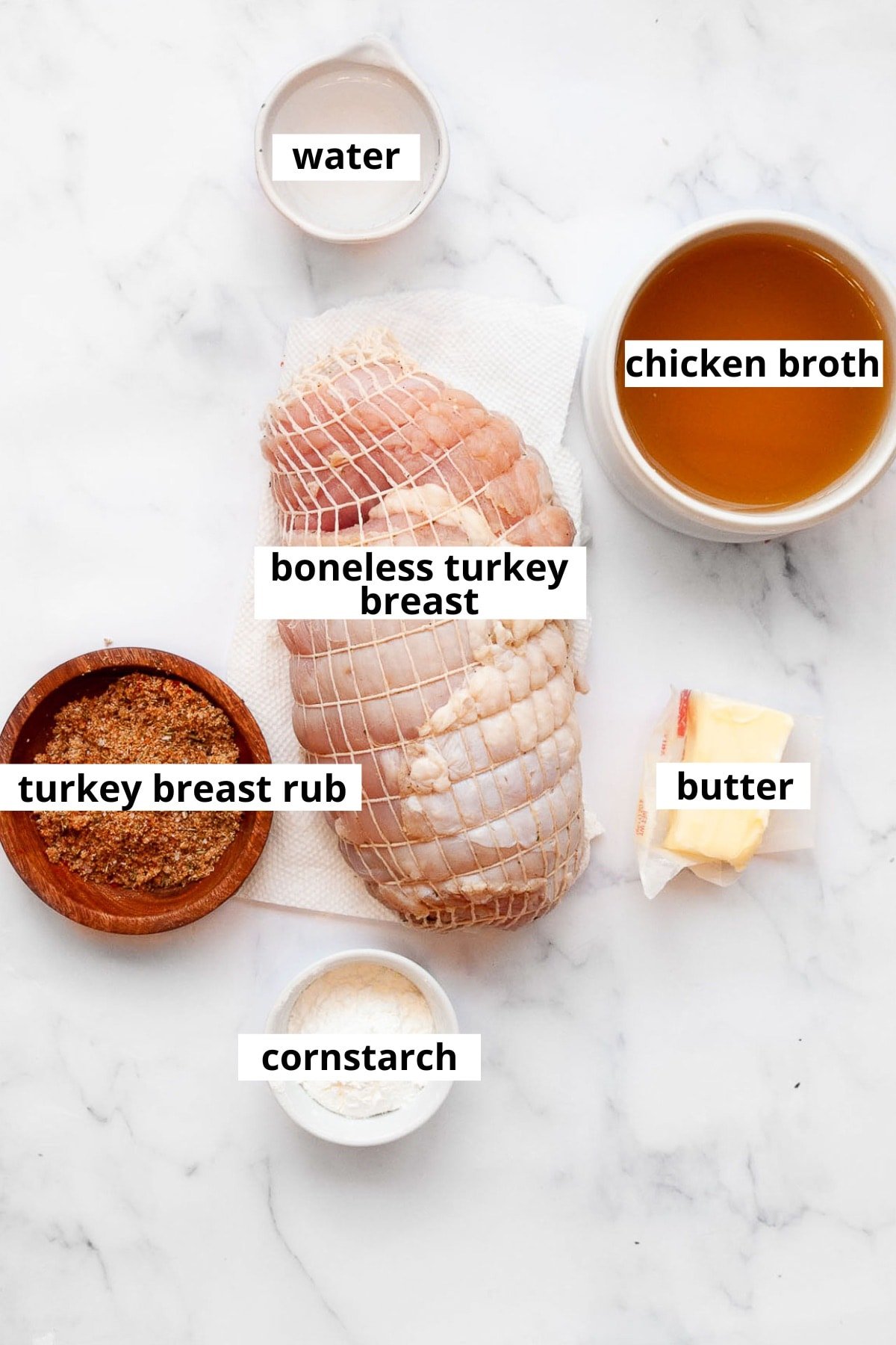 Boneless turkey breast in a mash, chicken broth, turkey breast rub, butter, water, cornstarch.