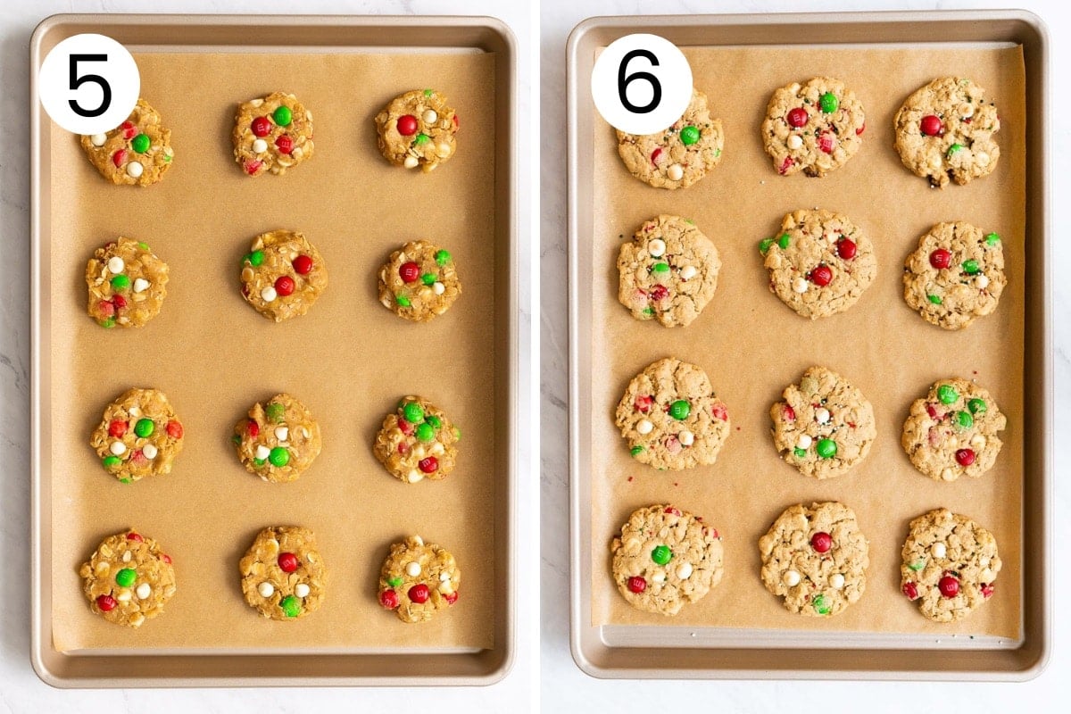 Unbaked and baked monster cookies on a baking tray.