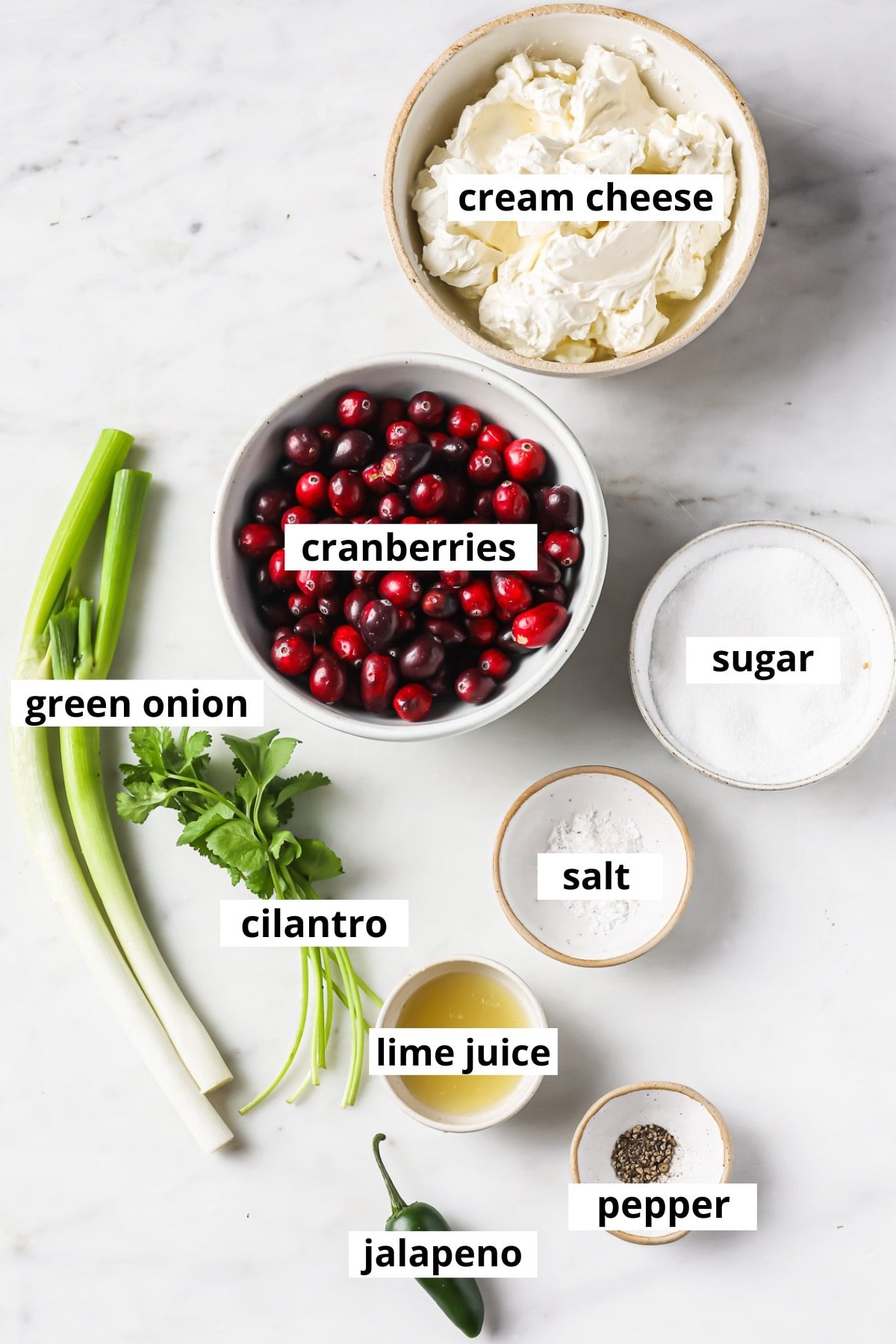 Fresh cranberries, cream cheese, cilantro, jalapeno, green onion, sugar, lime juice, salt, pepper.