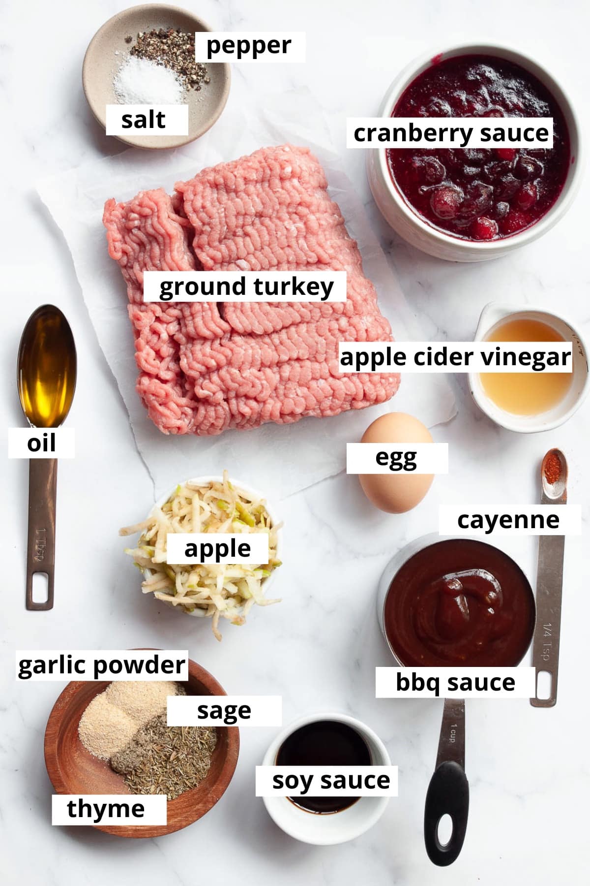 Ground turkey, cranberry sauce, BBQ sauce, apple cider vinegar, egg, apple, cayenne, oil, soy sauce, garlic powder, sage, thyme, salt and pepper.