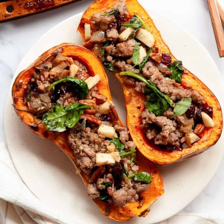 Apple Sausage Stuffed Butternut Squash - iFoodReal.com