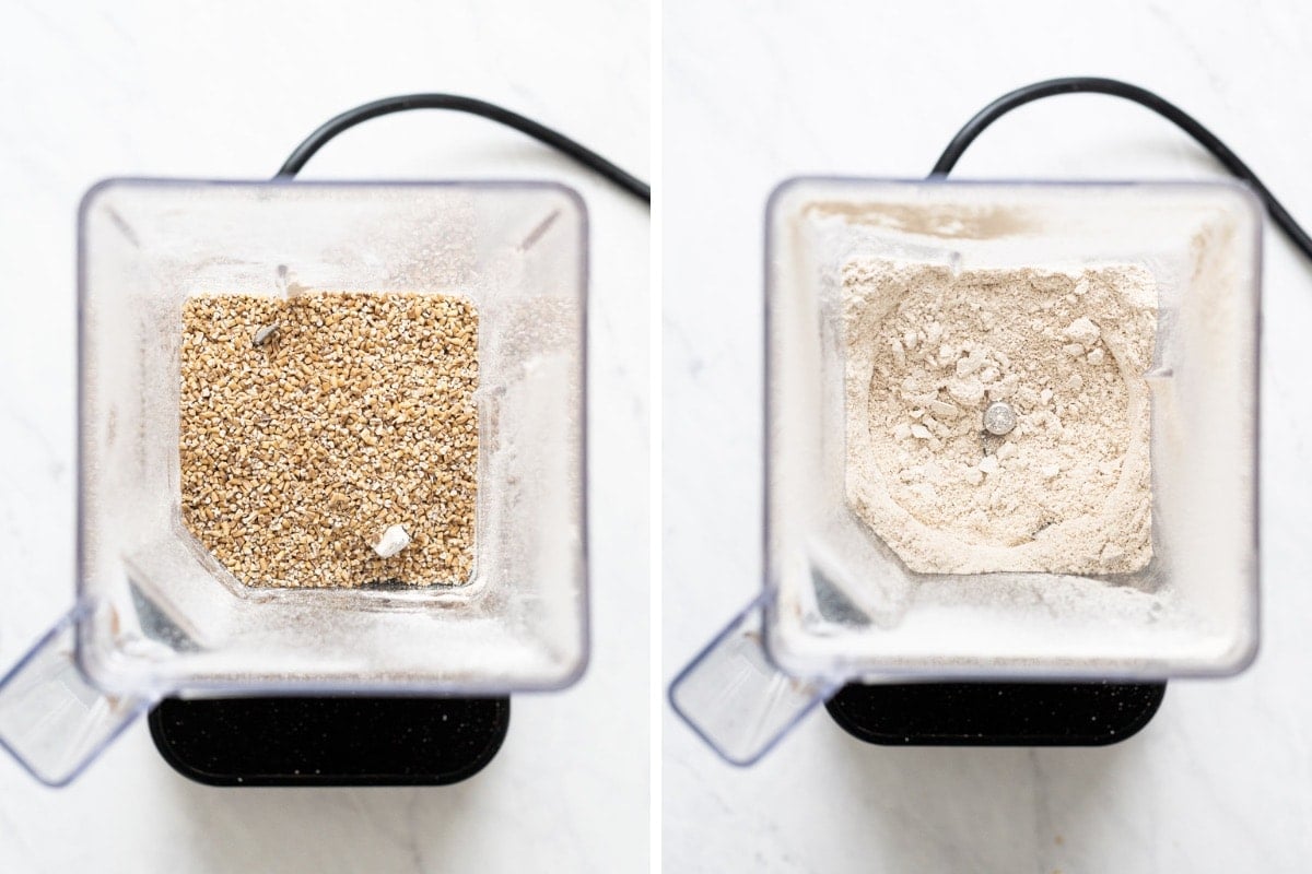 Side-by-side view of steel cut oats before grinding and after grinding in a high speed blender.