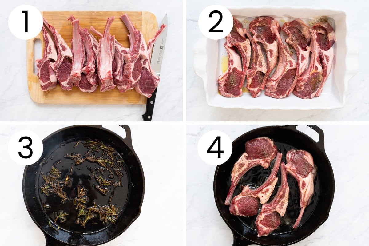 Step by step how to cut lamb chops, season them. Then infuse olive oil with rosemary and sear lamb chops in cast iron skillet.
