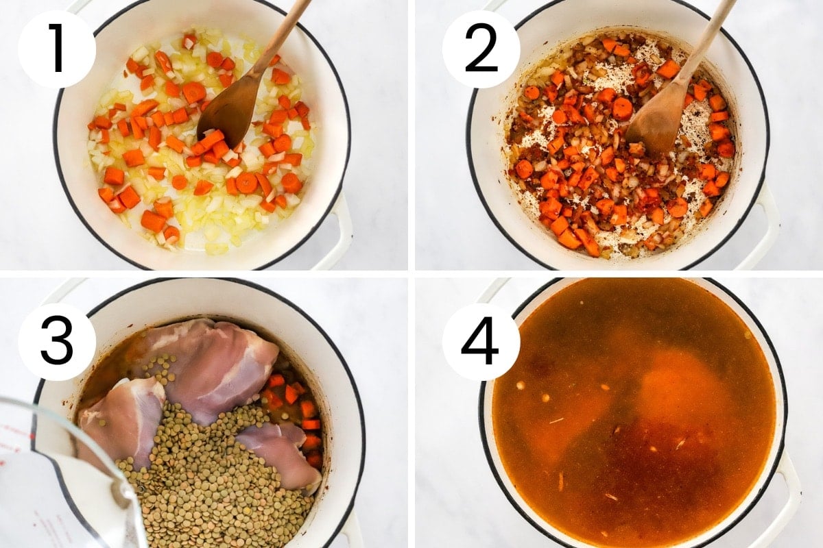 Step by step how to make chicken soup with lentils.