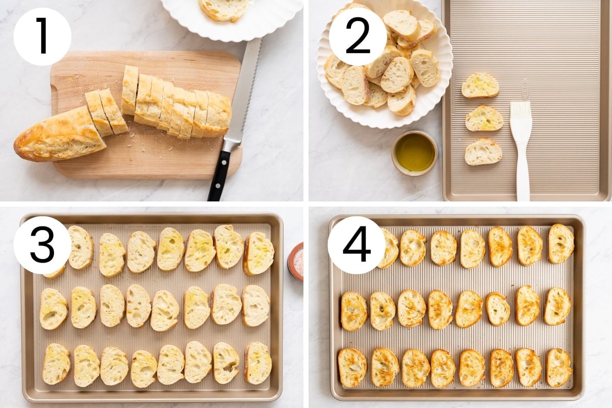Step by step process how to slice and bake baguette into crostini.