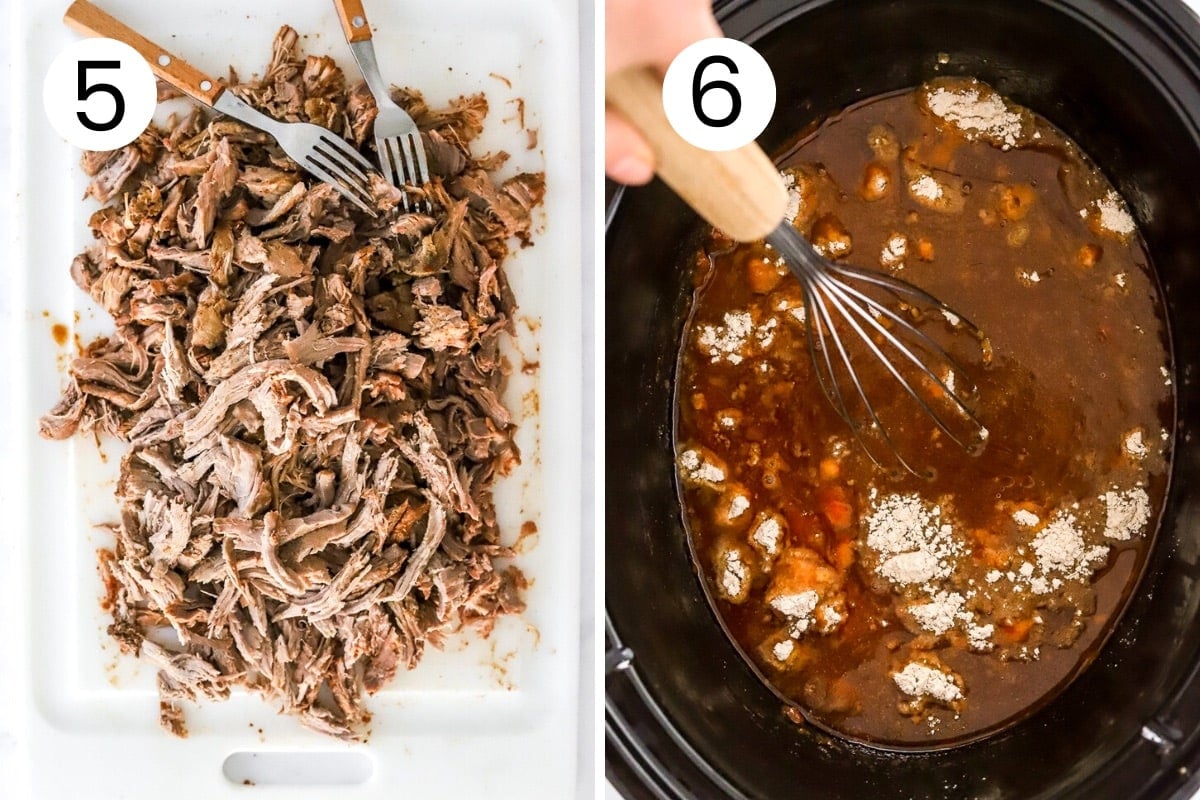 Shredded meat on a platter and person whisking and thickening bbq sauce in crockpot.