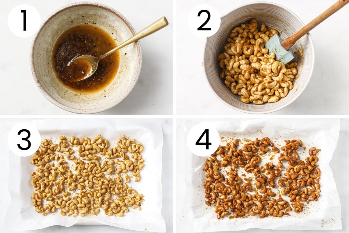 Step by step process how to roast cashews with honey in the oven.