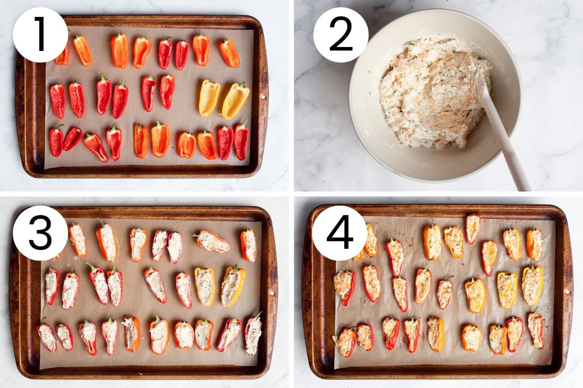 Step by step tutorial how to make cream cheese stuffed mini bell peppers.