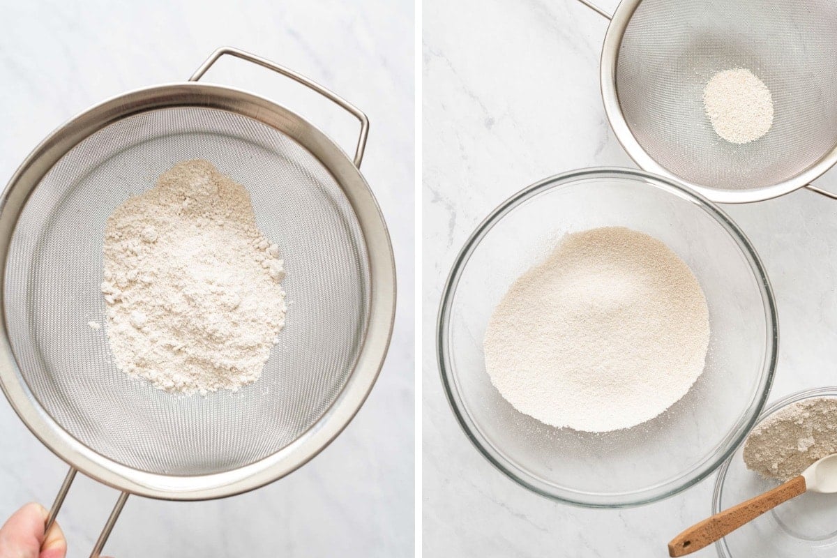 Oat flour in a fine mesh sifter and then a bowl with oat flour and a sifter with oat flour