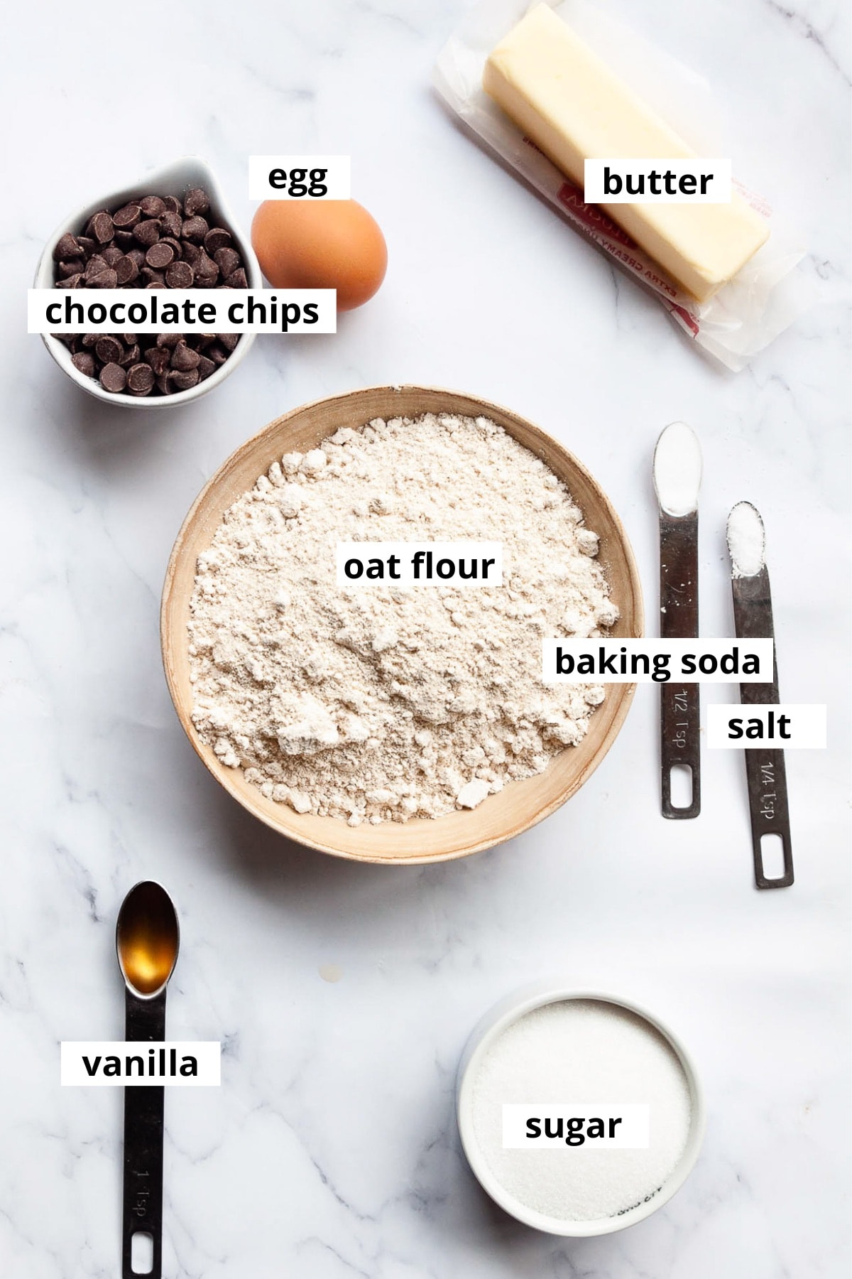 Butter, egg, chocolate chips, oat flour, baking soda, salt, vanilla extract, sugar.