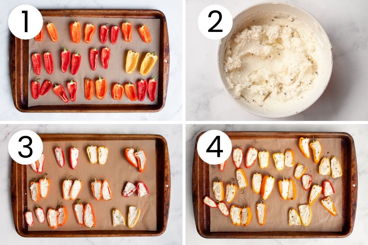 Step by step process how to stuff mini peppers with goat cheese and bake.